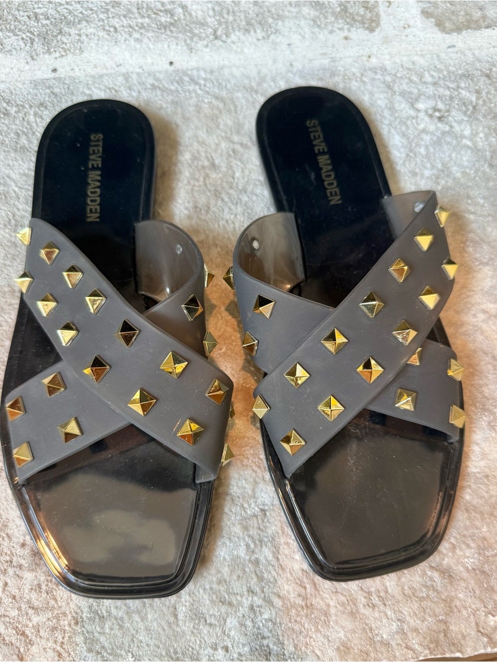 Brand New Steve Madden Tace Gray Slide Sandals with Gold Pyramid Studs